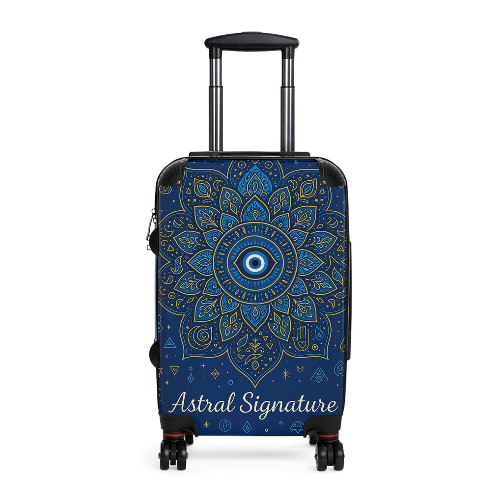 Close-up of Astral Signature Purple Mandala Carry-On Luggage showcasing vibrant mandala design, perfect cosmic travel suitcase for artistic explorers.