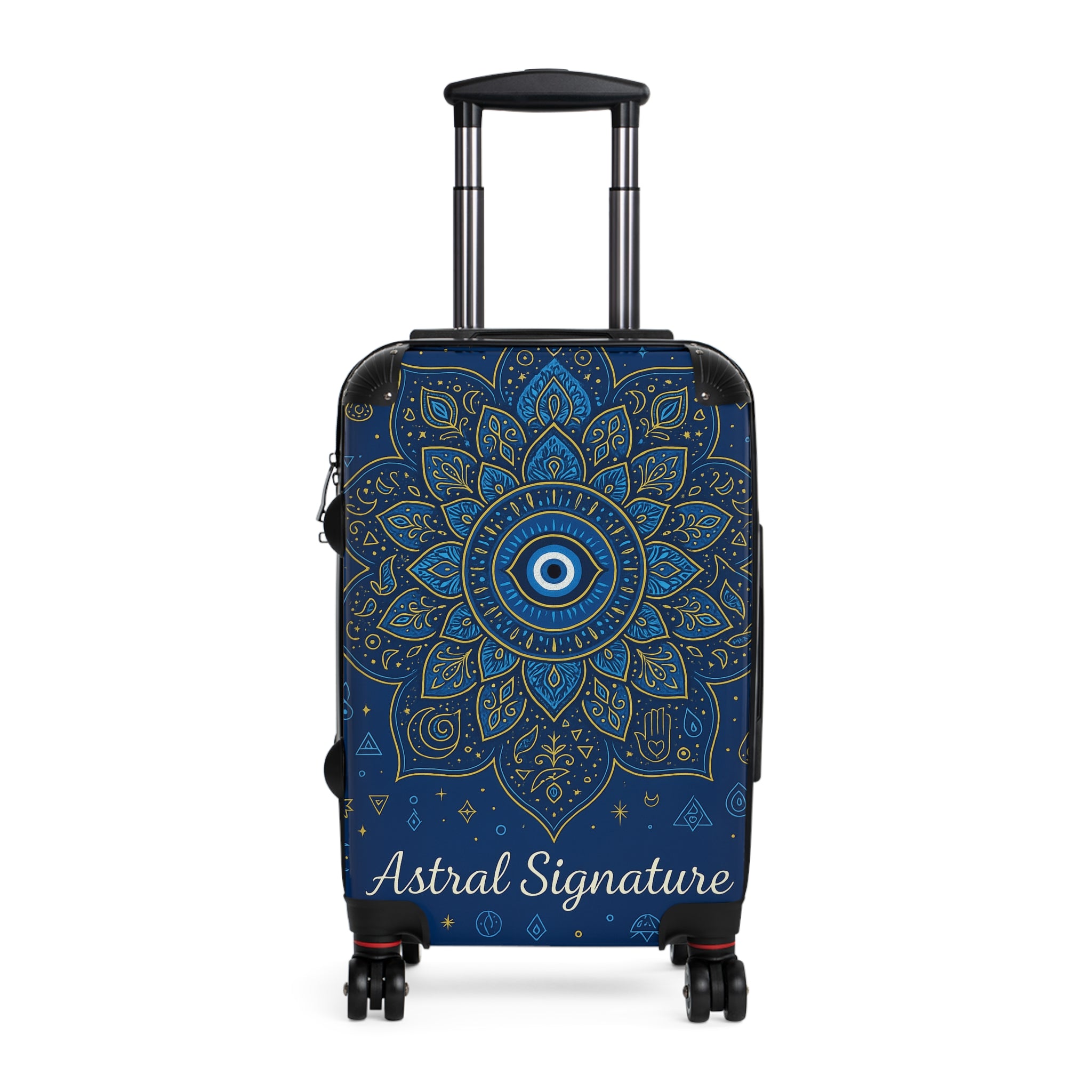 Close-up of Astral Signature Purple Mandala Carry-On Luggage showcasing vibrant mandala design, perfect cosmic travel suitcase for artistic explorers.