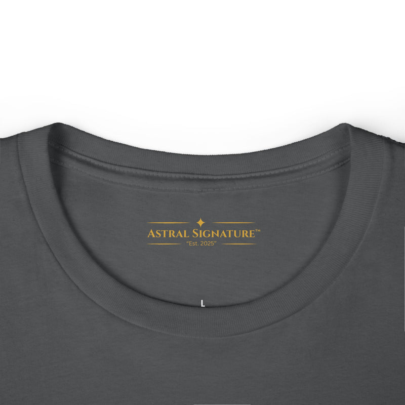 The Women’s Cotton Tee — Minimal Radiant A.S Golden Crown Lines Graphic by Astral Signature featured prominently in navy, this stylish women shirt boasts a modern aesthetic.