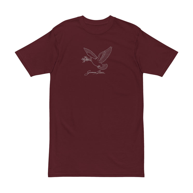 Front view of the Giovanni Reni™ Dove Signature Tee in burgundy, highlighting the elegant minimalist dove design. This Minimalist Men’s T-Shirt is a suitable gift for him, embodying timeless style for men.