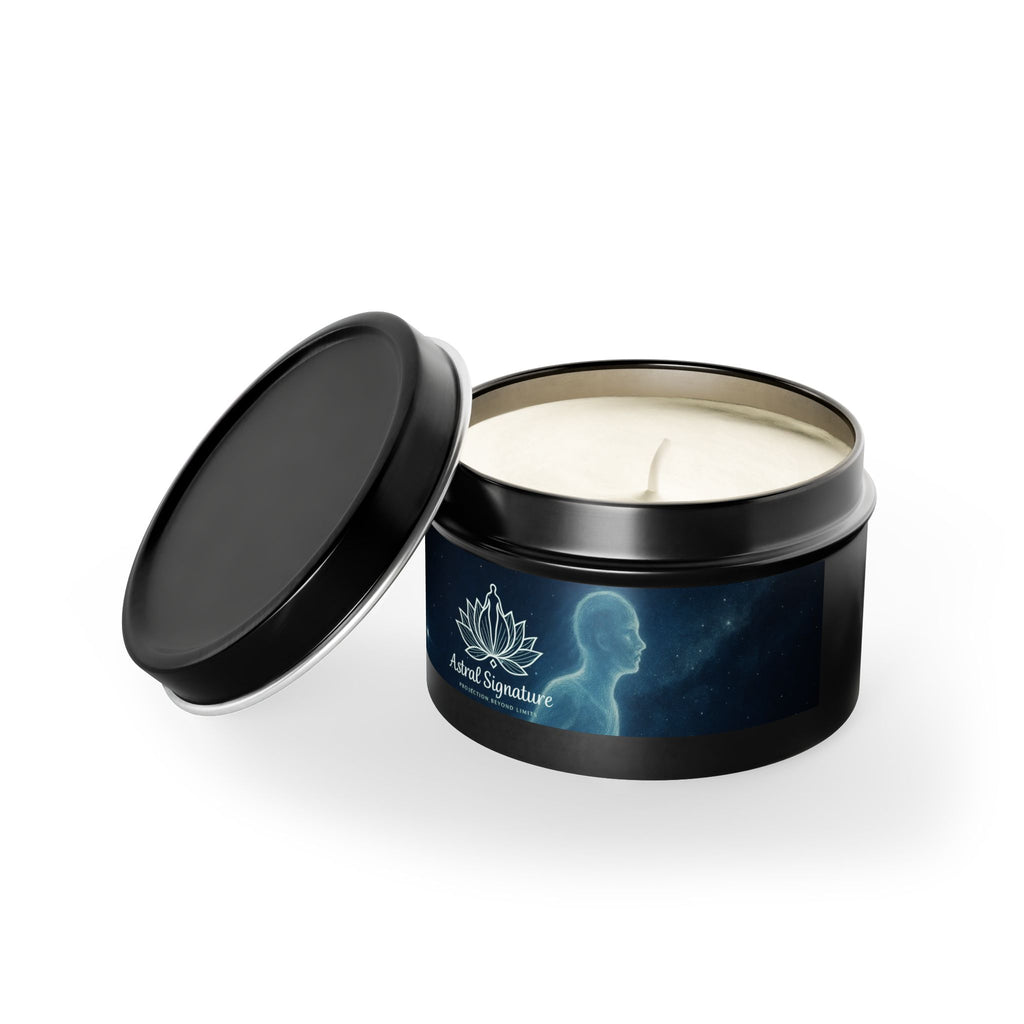 Astral Signature Tin Candles as a charming decor piece to enhance a cozy environment.
