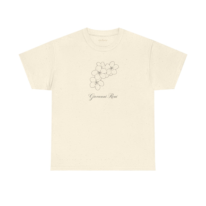 Front view of the Giovanni Reni Floral Script Tee, 'Guerrera Rosa', in a speckled cream color, representing a Women’s Relaxed Tee by Astral Signature.