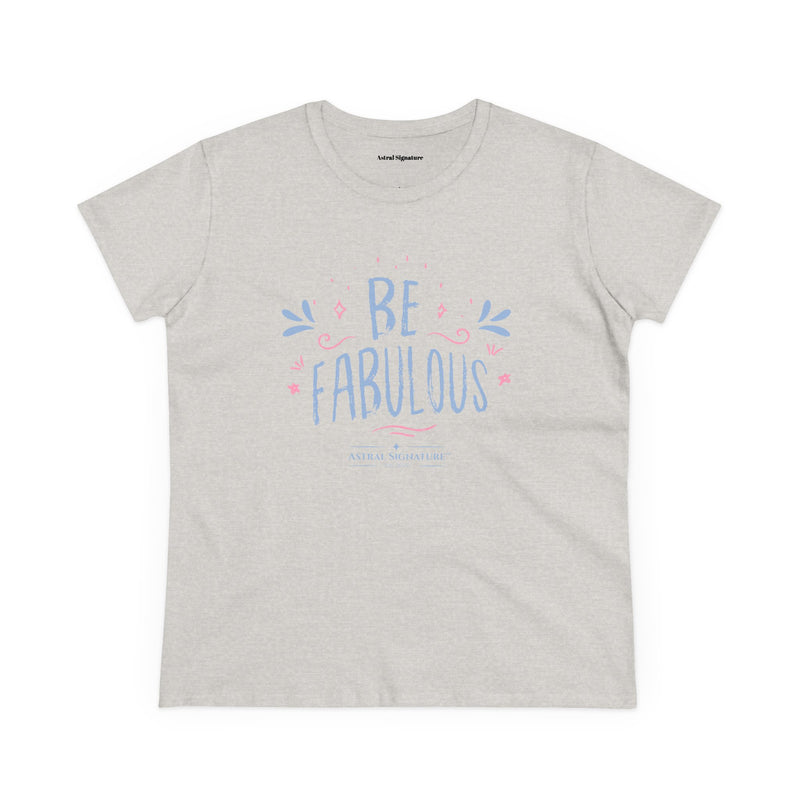 The Be Fabulous Tee by Astral Signature in a heather gray color, featuring an eye-catching positive message. This Inspirational Graphic Shirt is perfect for creating chic outfits and complements a feminine aesthetic. An essential Women's T-Shirt for any woman's closet, embracing both style and comfort.