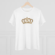 The Women’s Cotton Tee — Minimal Radiant A.S Golden Crown Lines Graphic by Astral Signature in white, hanging against a clean background, making it an essential women tee.