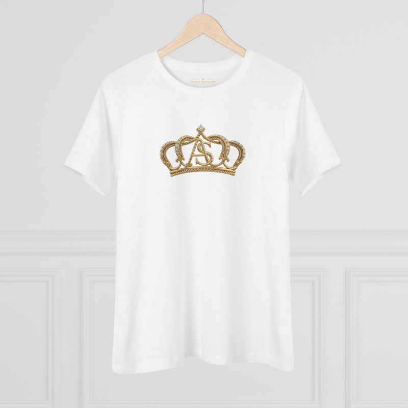 The Women’s Cotton Tee — Minimal Radiant A.S Golden Crown Lines Graphic by Astral Signature in white, hanging against a clean background, making it an essential women tee.