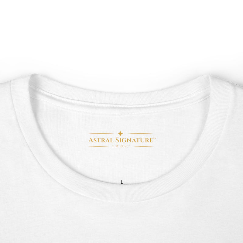The Women’s Cotton Tee — Minimal Radiant A.S Golden Crown Lines Graphic by Astral Signature showcasing its neckline in white. This comfortable women shirt is designed for everyday style.