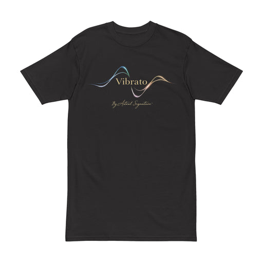The front view of the Vibrato - Sonic Motion Tee — Black Edition by Astral Signature™, featuring a sleek design that represents vibrant sound waves. Ideal as a gift for him, this men's tee combines style and comfort.