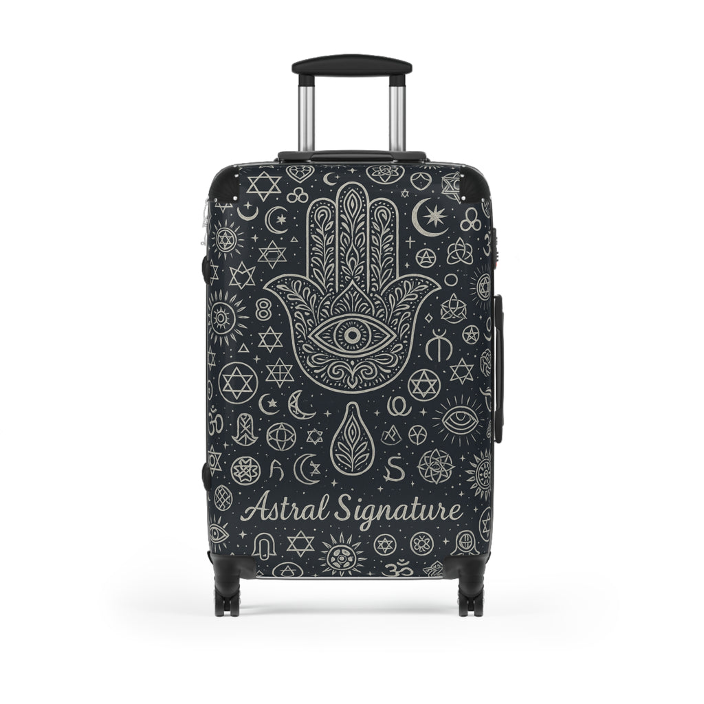 Close-up of the Astral Signature Sacred Travel Suitcase showcasing vibrant chakra energy design, perfect as a spiritual carry-on bag for yoga enthusiasts.