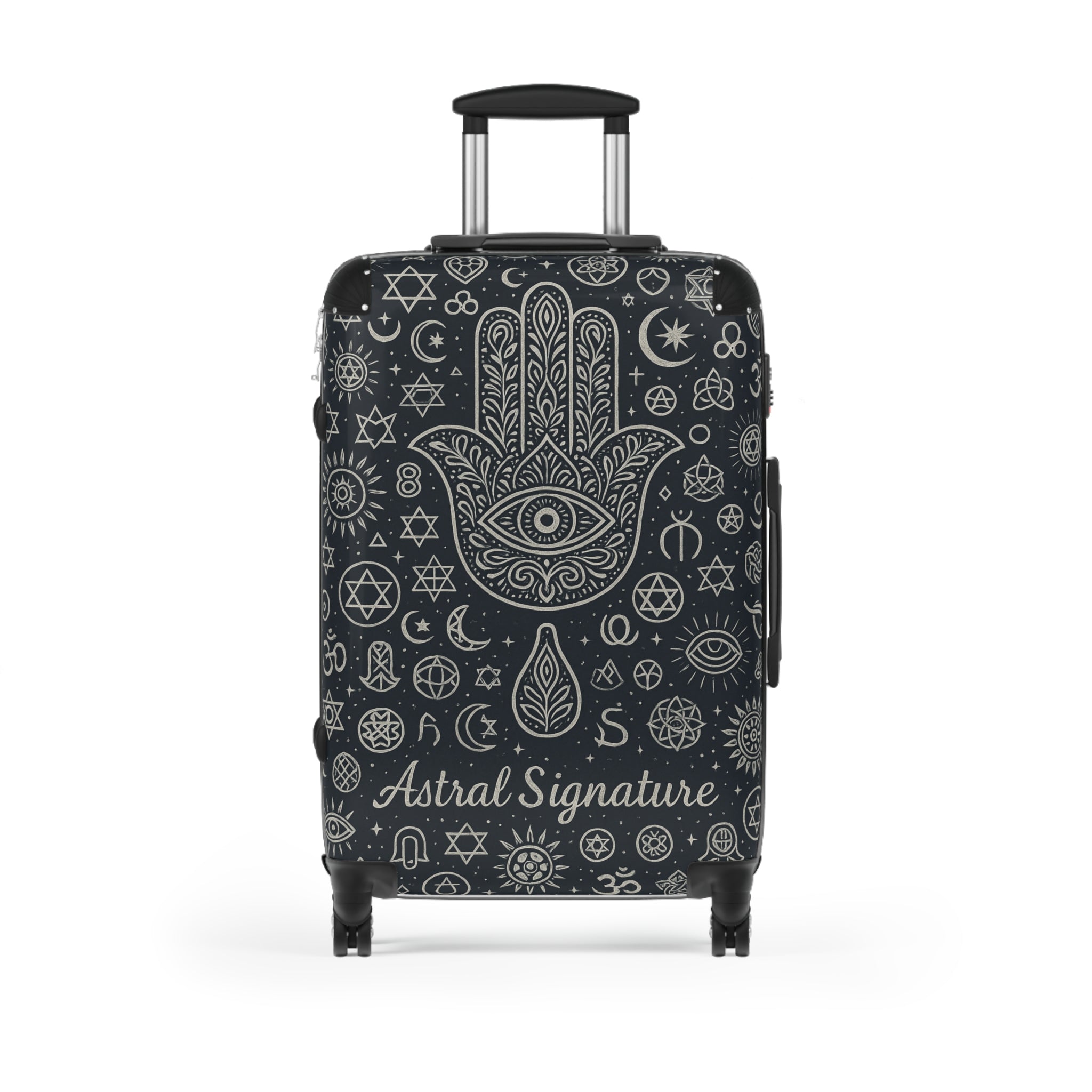 Close-up of the Astral Signature Sacred Travel Suitcase showcasing vibrant chakra energy design, perfect as a spiritual carry-on bag for yoga enthusiasts.