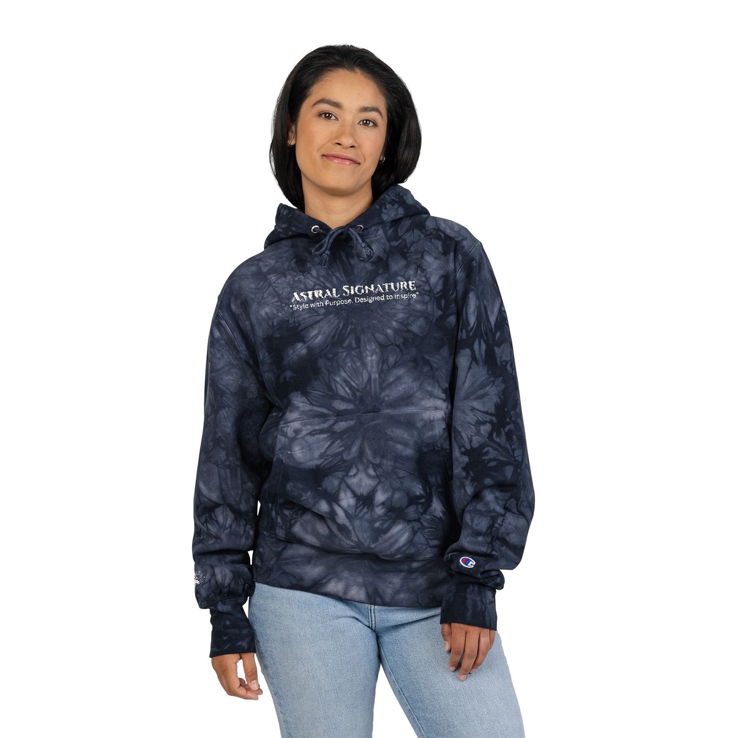 Champion Astral Signature Black Tie-Dye co-branded Hoodie — Embroidered Logo Pullover