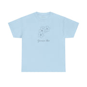 Front view of the Giovanni Reni Floral Script Tee, 'Guerrera Rosa', in a soft blue shade, showcasing its floral design, categorized as a Women’s Relaxed Tee by Astral Signature.