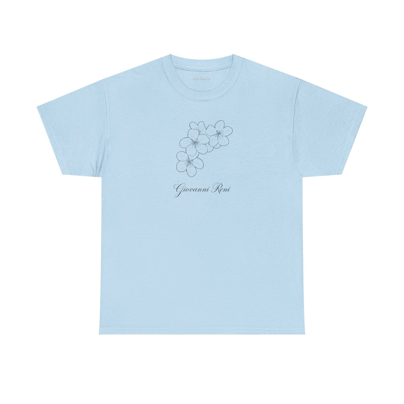 Front view of the Giovanni Reni Floral Script Tee, 'Guerrera Rosa', in a soft blue shade, showcasing its floral design, categorized as a Women’s Relaxed Tee by Astral Signature.
