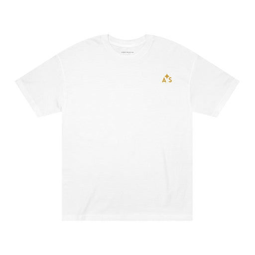 Unisex Classic Logo Tee by Astral Signature in white, featuring a subtle embroidered-style sunrise emblem on the left chest, perfect for casual outings.