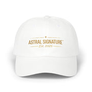 Classic Dad Cap by Astral Signature™ in white, demonstrating a clean design ideal for summer fashion. This everyday cap is a great unisex accessory for outdoor activities and a thoughtful gift for Father's Day.