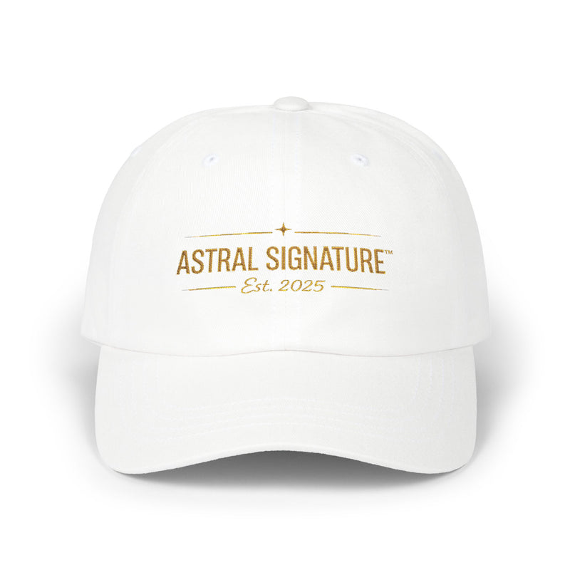 Classic Dad Cap by Astral Signature™ in white, demonstrating a clean design ideal for summer fashion. This everyday cap is a great unisex accessory for outdoor activities and a thoughtful gift for Father's Day.