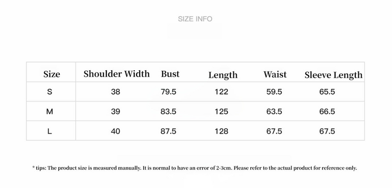 Size information table for the Dreamy Ball Wool Dress by PremiumStyle Co.,Limited, detailing fit dimensions in a stylish format. This Asymmetric Hem Wool Dress offers tailored sizing for women's clothing, ensuring optimal comfort and sophistication in women's fashion.