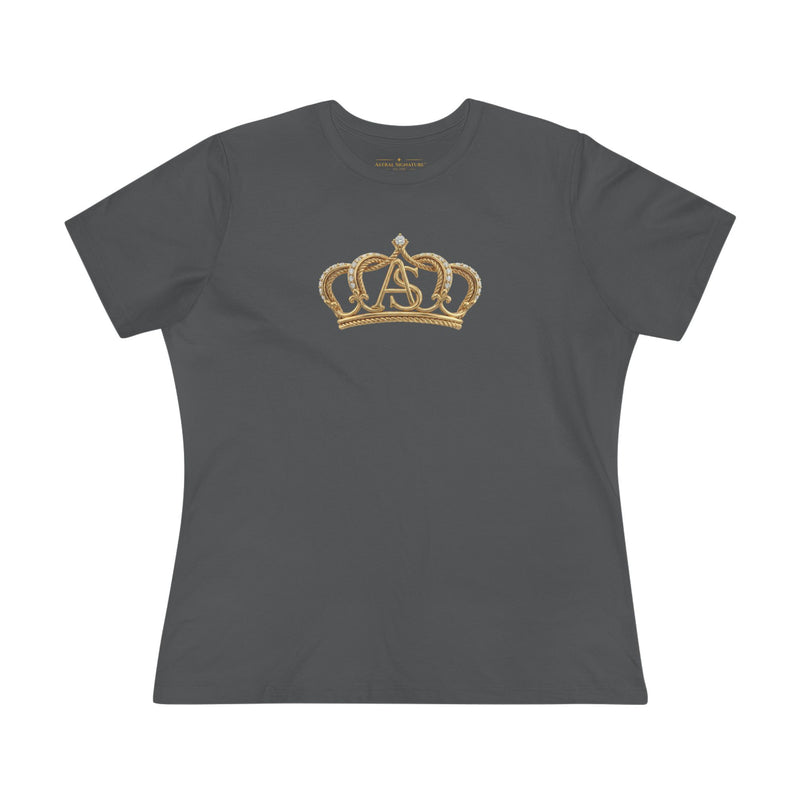The Women’s Cotton Tee — Minimal Radiant A.S Golden Crown Lines Graphic by Astral Signature in dark gray. This fashionable women shirt features a unique crown design, perfect for everyday wear.