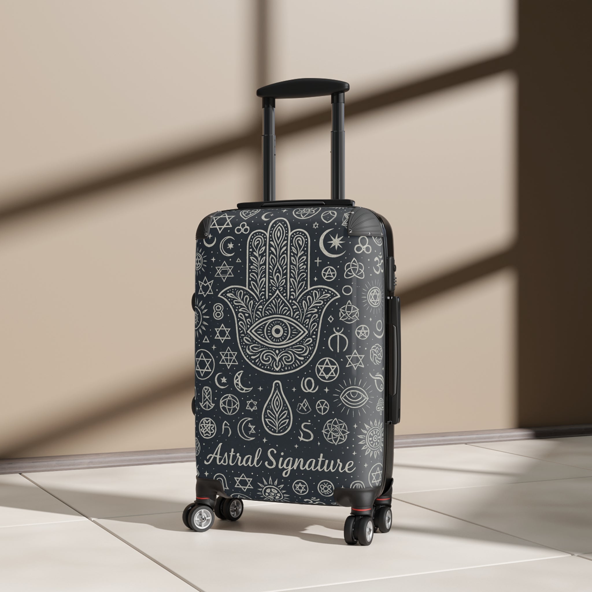 Lifestyle shot of a traveler with the Astral Signature Sacred Travel Suitcase, a meditation carry-on luggage for conscious journeys.