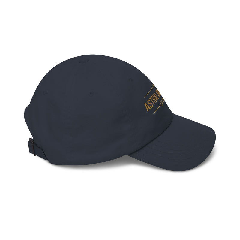 Side profile of the navy blue Classic Dad Cap by Astral Signature™, underlining its classic design ideal for a range of casual outfits. This versatile headwear makes a thoughtful gift for dad.