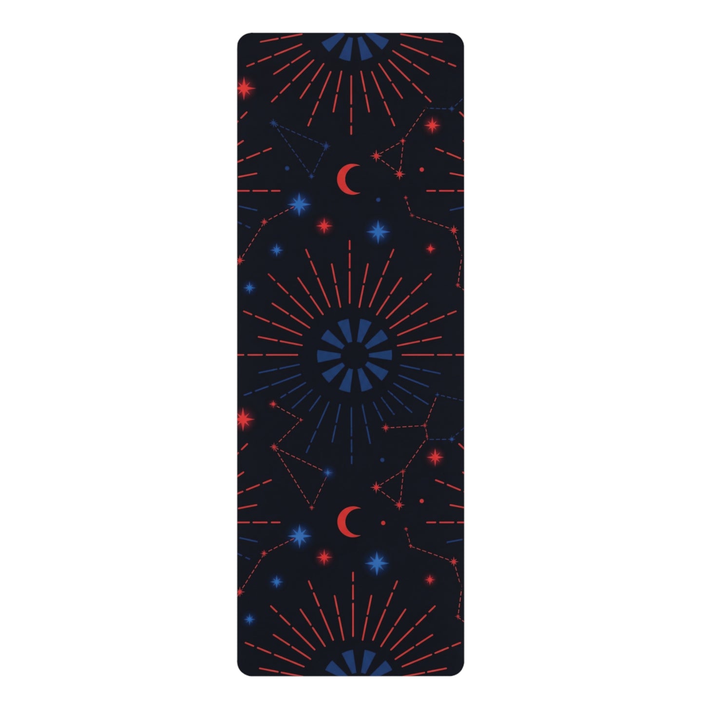 Vertical view of the Rubber Yoga Mat — Cosmic Moon & Constellation Design by Astral Signature, displaying a beautiful constellation pattern as a stunning home yoga mat. This portable mat is ideal for night sky yoga, meditation, and daily exercise, making it a great gift for any yogi.