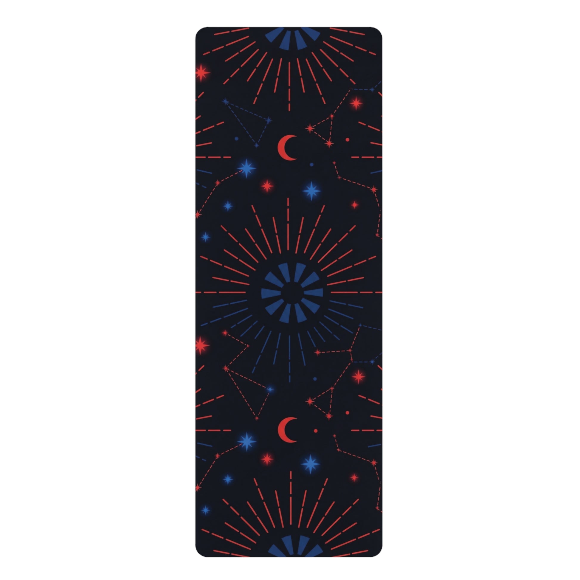 Vertical view of the Rubber Yoga Mat — Cosmic Moon & Constellation Design by Astral Signature, displaying a beautiful constellation pattern as a stunning home yoga mat. This portable mat is ideal for night sky yoga, meditation, and daily exercise, making it a great gift for any yogi.