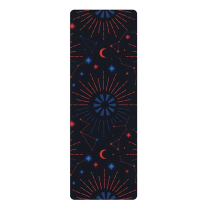 Vertical view of the Rubber Yoga Mat — Cosmic Moon & Constellation Design by Astral Signature, displaying a beautiful constellation pattern as a stunning home yoga mat. This portable mat is ideal for night sky yoga, meditation, and daily exercise, making it a great gift for any yogi.