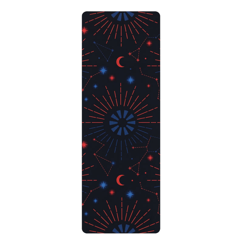 Astral Signature's Rubber Yoga Mat showcases a vibrant Cosmic Moon & Constellation Design, ideal for yoga practices focused on astrology yoga and relaxation. This celestial mat serves as a versatile exercise mat, perfect for home workouts, meditation, or as a gift for yogis. Its non-slip surface ensures stability during use, while its portable nature makes it easy to carry.