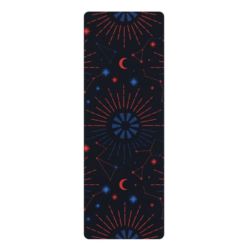 Astral Signature's Rubber Yoga Mat showcases a vibrant Cosmic Moon & Constellation Design, ideal for yoga practices focused on astrology yoga and relaxation. This celestial mat serves as a versatile exercise mat, perfect for home workouts, meditation, or as a gift for yogis. Its non-slip surface ensures stability during use, while its portable nature makes it easy to carry.