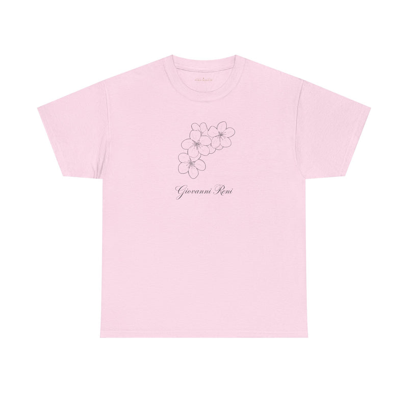 Front view of the Giovanni Reni Floral Script Tee, 'Guerrera Rosa', in a pastel pink, featuring a flower graphic, highlighted as a Women’s Relaxed Tee by Astral Signature.