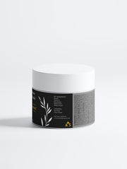 Back view of the Keratin Intensive Rescue Hair Mask by Astral Signature, showcasing key ingredients and benefits. This white packaging is ideal for all skin types and deeply nourishes dry ends while enhancing shine and smoothness. It helps to reduce breakage and split ends through keratin, peptides, and wheat protein, making it a natural certified hair mask solution.