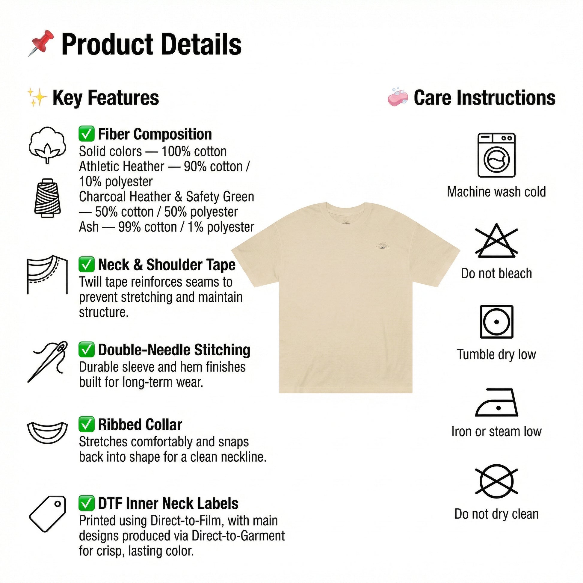 Product details for the Unisex Classic Logo Tee – Sunrise by Astral Signature, showcasing key features such as 100% cotton fabric and ribbed collar. Ideal as an everyday wear basic t-shirt, this gender neutral tee emphasizes comfort and simplicity.