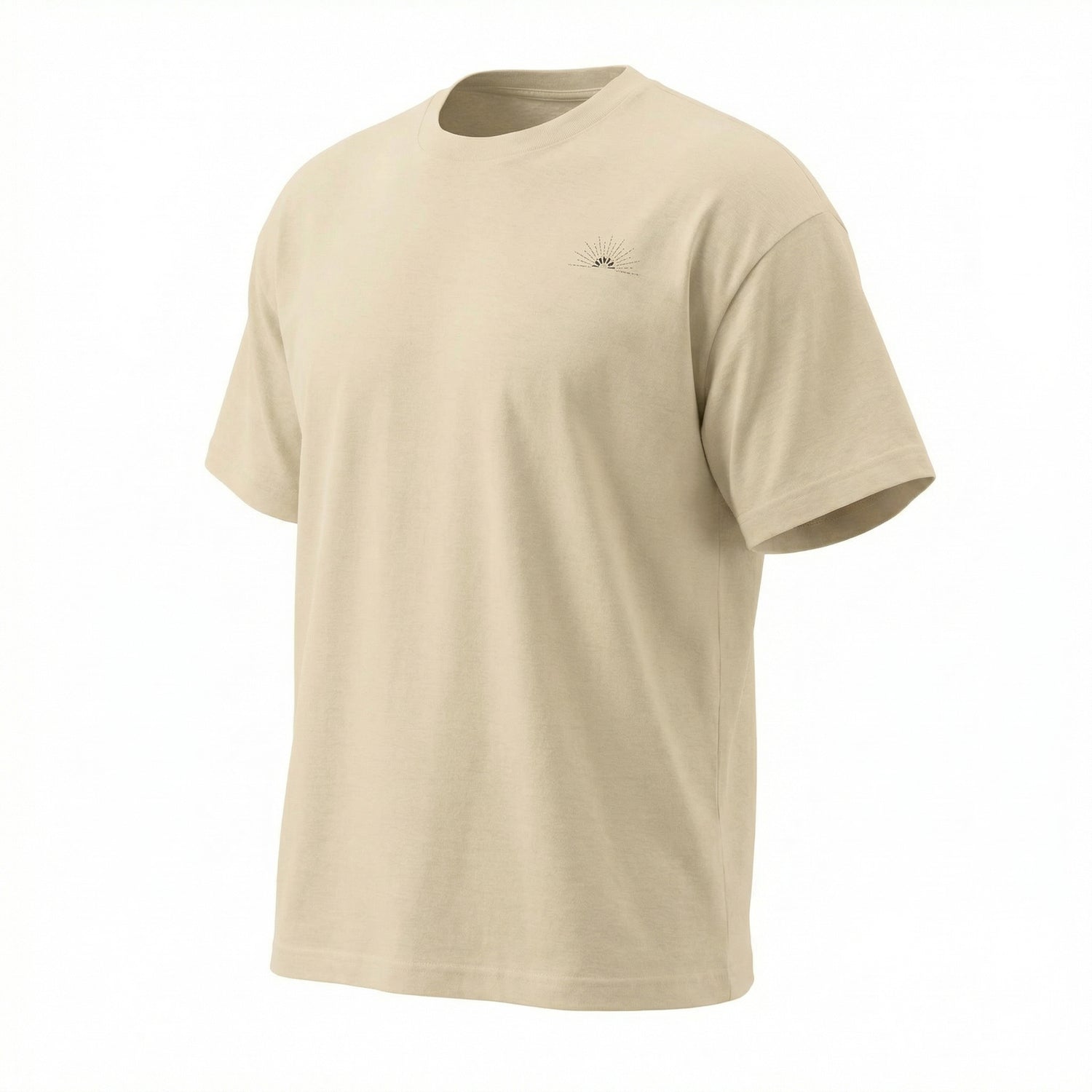 Unisex Classic Logo Tee – Sunrise by Astral Signature, featuring a minimal design with an embroidered sunrise emblem. This soft, beige basic t-shirt is perfect for casual wear, making it an ideal choice for summer and everyday wear. A timeless unisex tee designed for comfort and style.