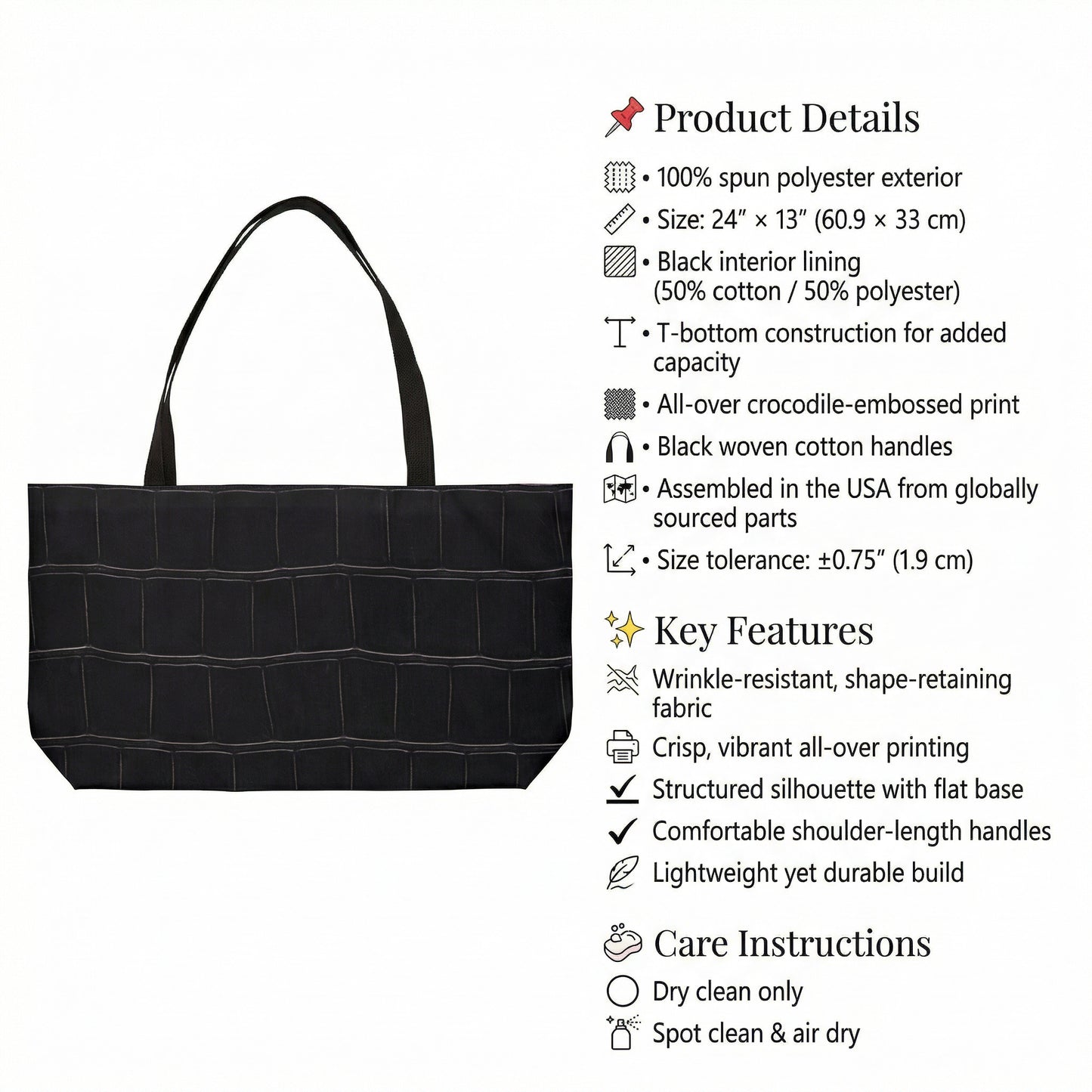Weekender Tote Bag - Structured Croc-Embossed in Black  | Astral Signature™