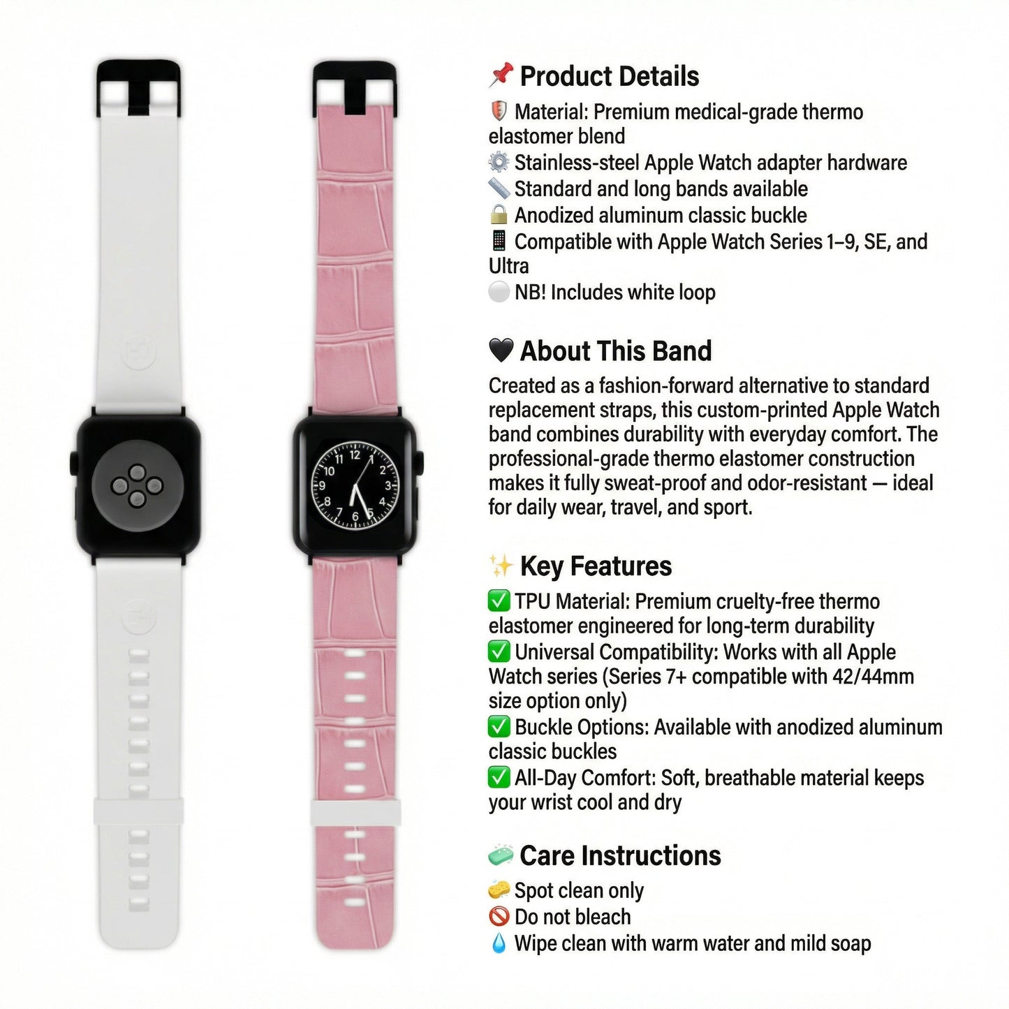 Product details for the Astral Signature™ Apple Watch Band — Pink Croc Leather. Highlighting its crocodile strap design, this adjustable band is a fashionable replacement for any Apple Watch, perfect for casual wear, gifting, and adding a touch of pastel color to spring outfits.