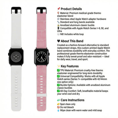 Product details for the Astral Signature™ Apple Watch Band — Pink Croc Leather. Highlighting its crocodile strap design, this adjustable band is a fashionable replacement for any Apple Watch, perfect for casual wear, gifting, and adding a touch of pastel color to spring outfits.