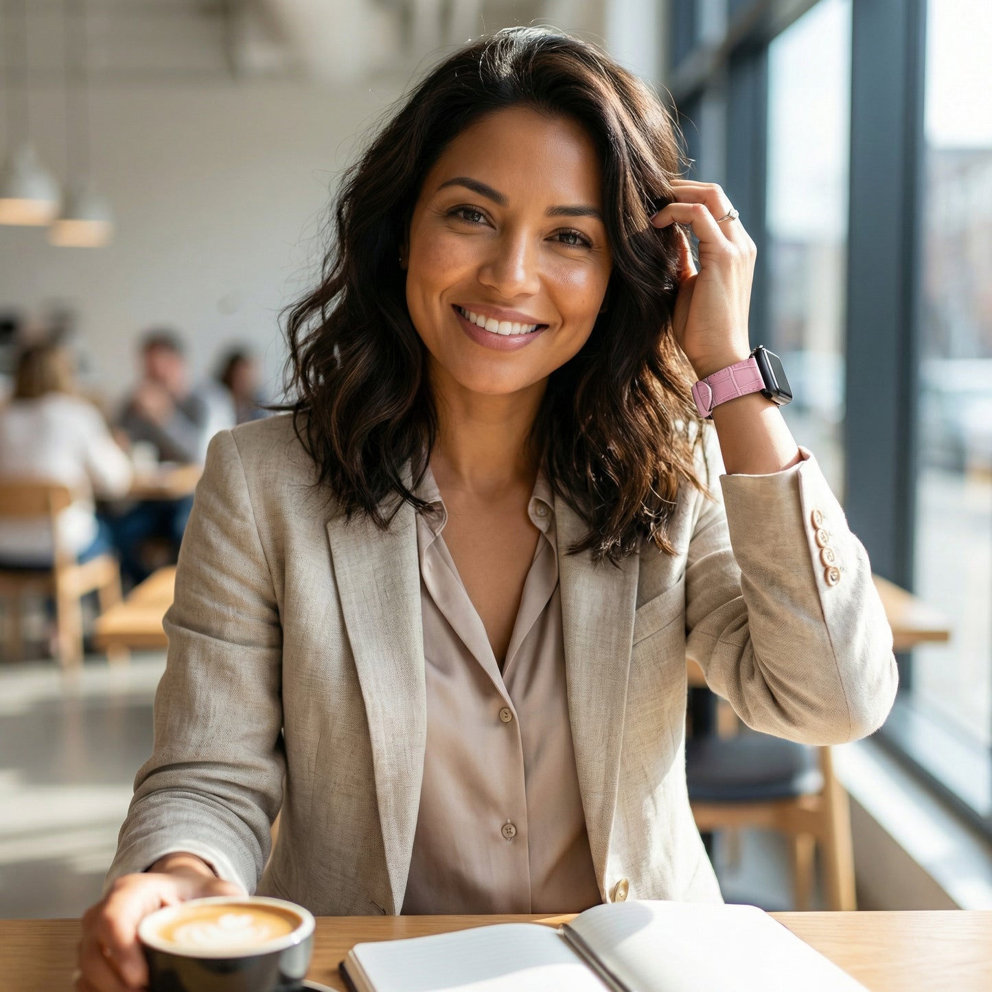 A woman enjoying coffee with the Astral Signature™ Apple Watch Band — Pink Croc Leather. This feminine band adds a casual chic vibe to her style, showcasing a leather look that pairs well with everyday wear and pastel accessories, making it a thoughtful gift for her.