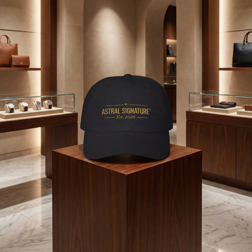 Classic Dad Cap by Astral Signature™ displayed in a luxurious setting, showcasing a stylish dad hat that is perfect for summer fashion and everyday use. This unisex accessory is a trendy addition to any casual outfit, making it an ideal gift for dad for Father's Day.