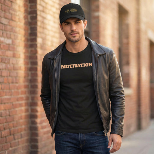 Model wearing the Classic Dad Cap by Astral Signature™, paired with a leather jacket, embodying a stylish yet casual look. This everyday cap is a versatile choice for outdoor adventures, making it an excellent gift for dad.