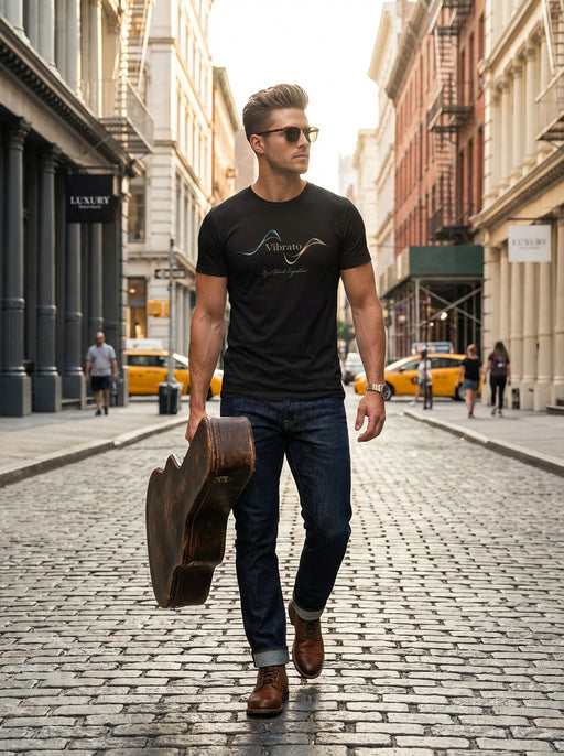 A stylish man wearing the Vibrato - Sonic Motion Tee — Black Edition by Astral Signature™ while walking in an urban setting. This trendy shirt makes a perfect gift for him and a fashionable addition to any men's shirt collection.