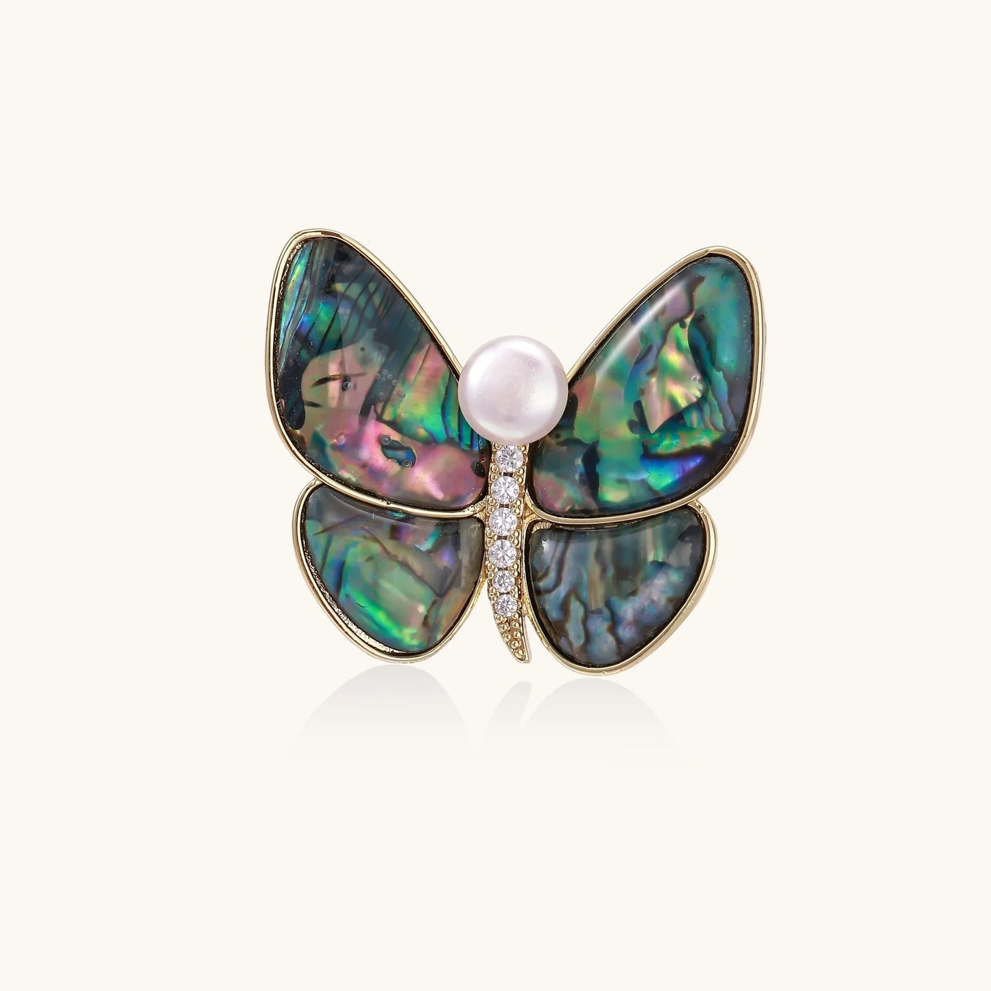 Rainbow Butterfly Brooch Pin by Astral Signature featuring iridescent abalone shell wings, freshwater pearl, and intricate detailing. Perfect for adding elegance to outfits. 14K Gold Plated, Eco-Brass, Jewelry Pins, Pins.