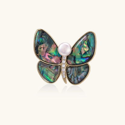 Rainbow Butterfly Brooch Pin by Astral Signature featuring iridescent abalone shell wings, freshwater pearl, and intricate detailing. Perfect for adding elegance to outfits. 14K Gold Plated, Eco-Brass, Jewelry Pins, Pins.