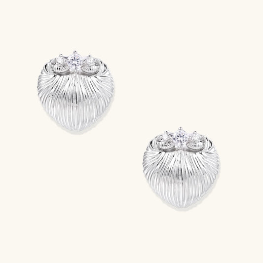 Elegant Shell Goddess Earrings by Astral Signature featuring white gold plated eco-brass with zirconia stones. These premium earrings showcase a beautiful shell design, making them perfect for any jewelry collection. S925 posts ensure quality and comfort.