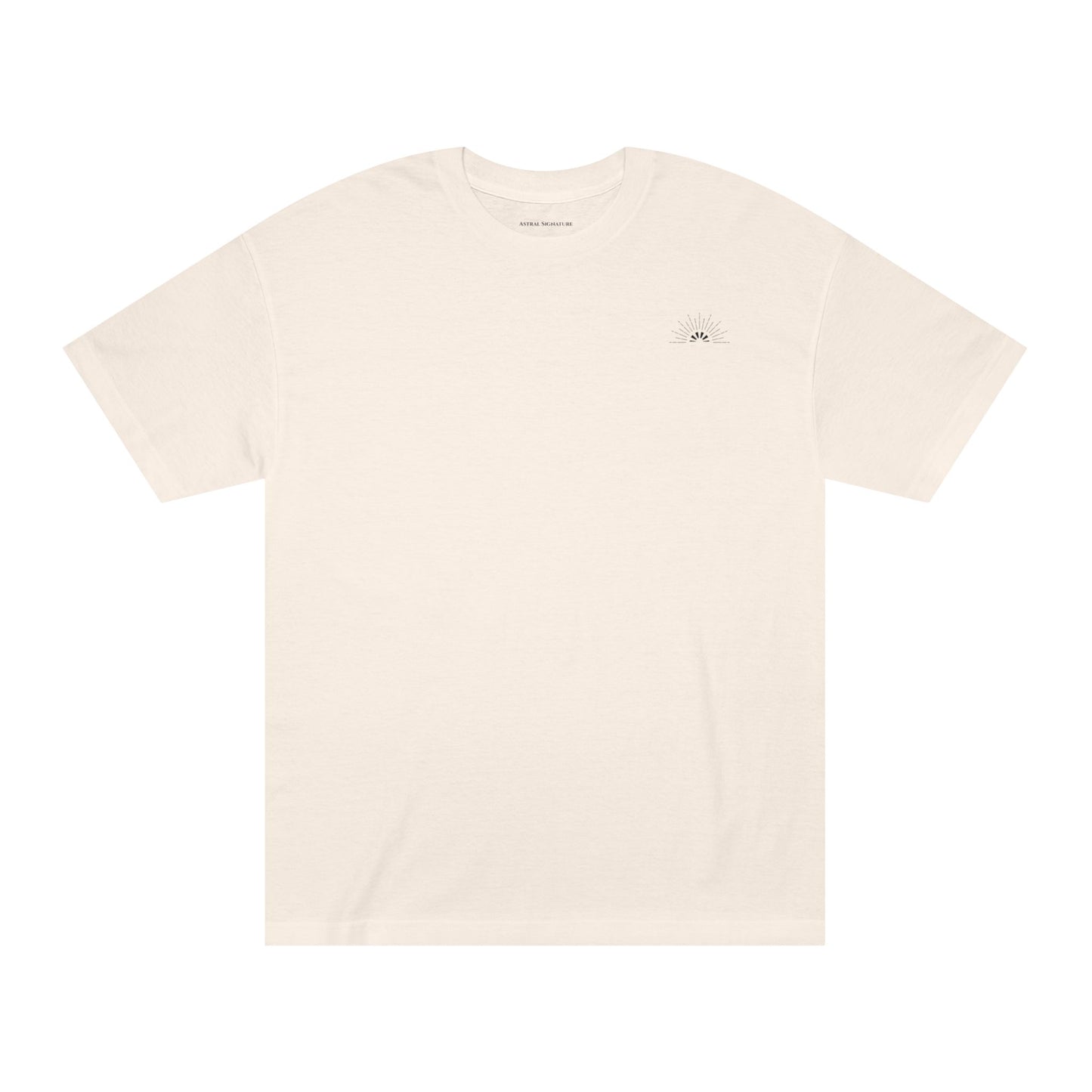 Unisex Classic Logo Tee – Sunrise by Astral Signature in soft beige, designed as a minimal tee that fits all occasions. A perfect choice for those seeking a comfortable basic t-shirt that embodies gender neutrality and style.