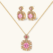 Heirloom Square square gold jewelry set featuring a luxurious pink zirconia necklace and matching earrings by Astral Signature.
