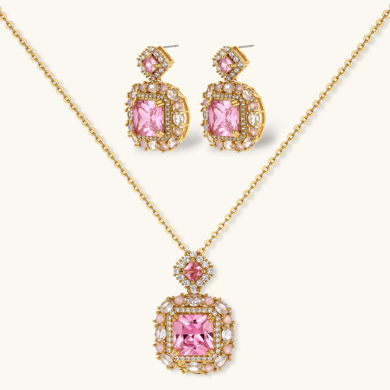 Heirloom Square square gold jewelry set featuring a luxurious pink zirconia necklace and matching earrings by Astral Signature.