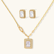 Astral Signature™ Emerald Cut Halo Jewelry Set displayed with a radiant zirconia pendant necklace and matching earrings, ideal for elegant styling.