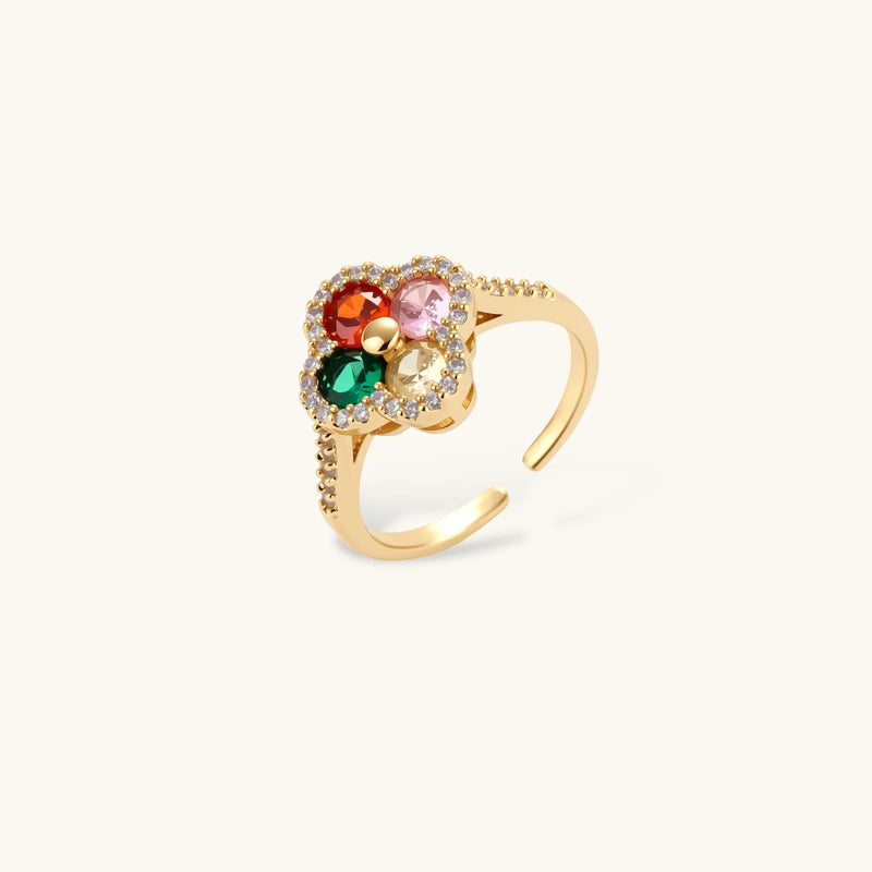 Close-up of an adjustable ring from the Lucky Clover Jewelry Set Astral Signature™ Edit, adorned with multicolor zirconia in a floral design.