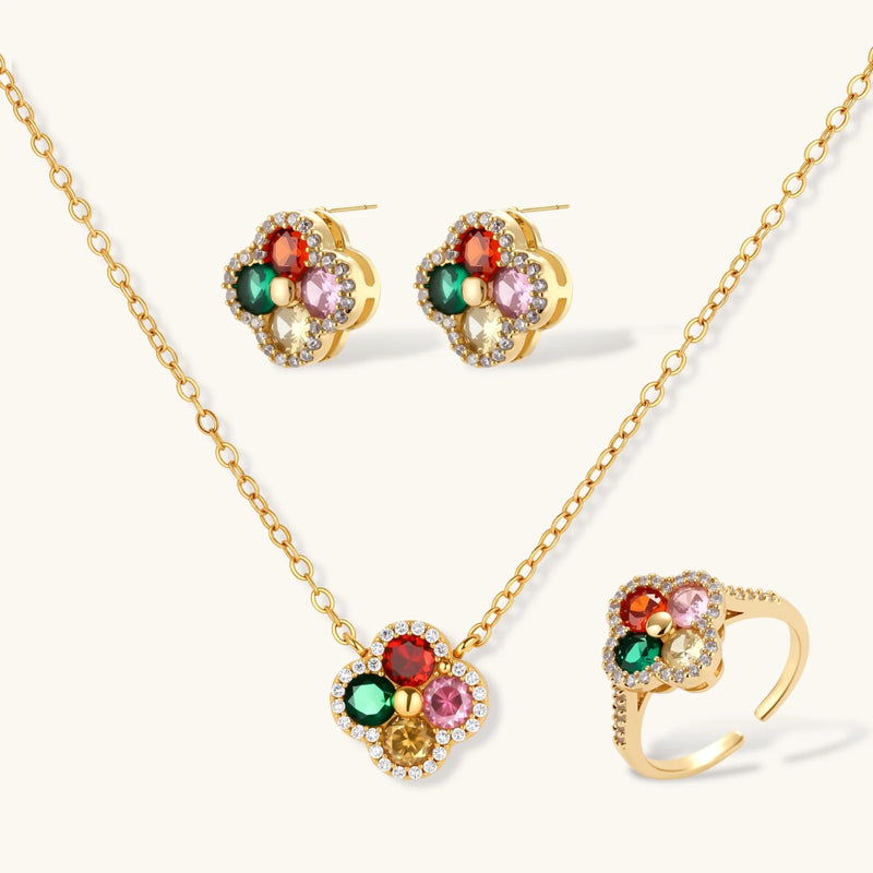 Complete Lucky Clover Jewelry Set Astral Signature™ Edit featuring a pendant necklace, adjustable ring, and matching earrings, all designed with shimmering multicolor zirconia.
