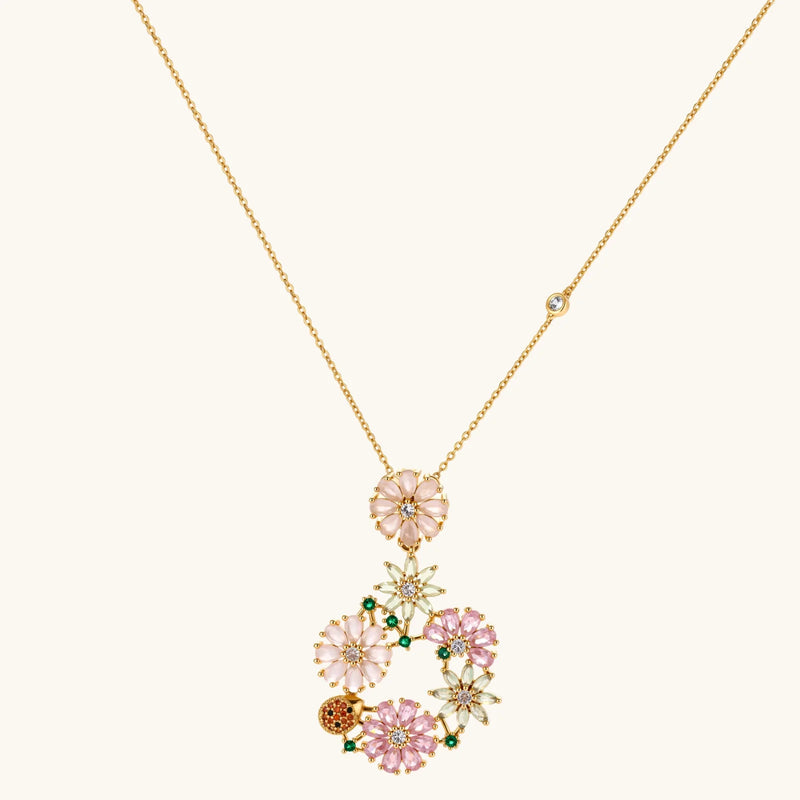 Blooming Garden — Pink Floral Jewelry Set in 14K Gold, featuring a delicate pendant necklace designed by Astral Signature™ with floral accents.