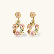 Blooming Garden — Pink Floral Jewelry Set in 14K Gold, detailed view of earrings designed by Astral Signature™ with blush pink and mint stones.